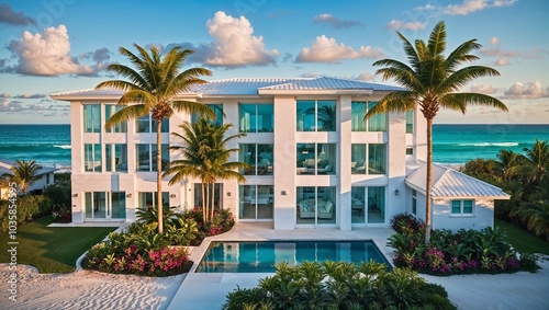A modern Florida beachfront house featuring large windows, a bright white exterior, and lush landscaping with tropical plants and palm trees, offering a stunning ocean view.
