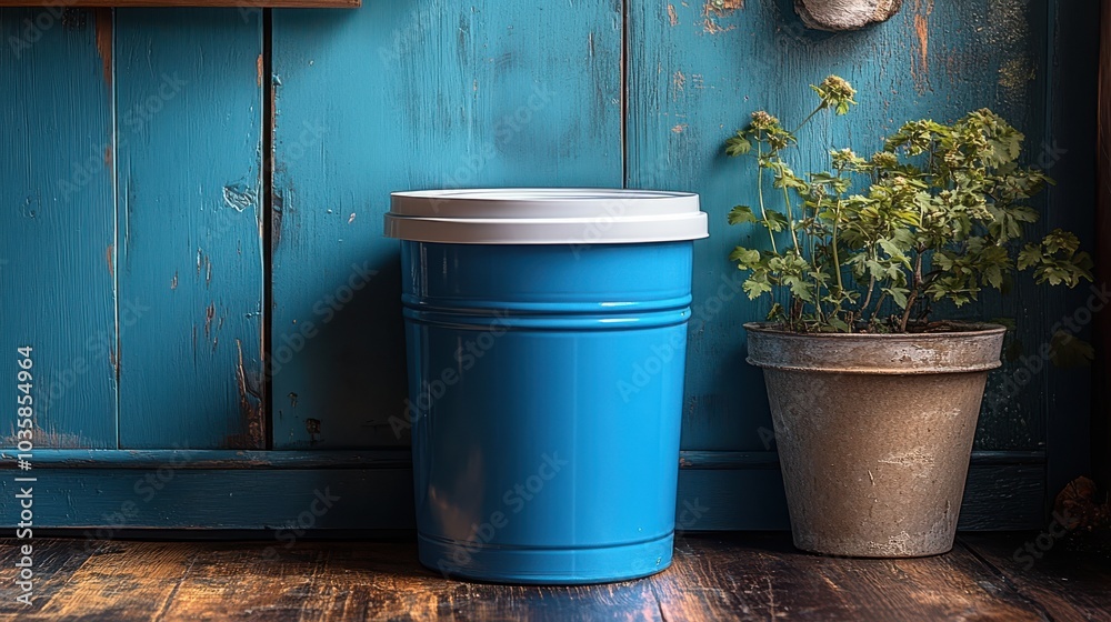 A vibrant blue barrel beside a potted plant against a rustic wooden wall. A vibrant blue barrel beside a potted plant against a rustic wooden wall.