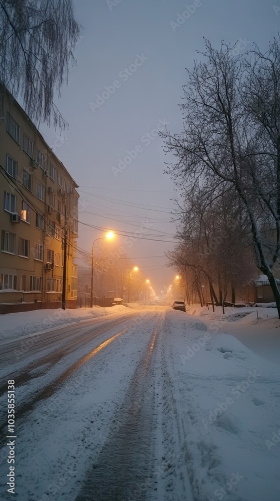 Snow Covered Street in Winter Evening with Street Lights Snow Covered Street in Winter Evening with Street Lights