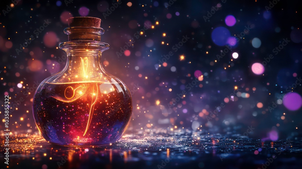 A glass bottle with a cork stopper filled with a glowing liquid sits on a dark surface with blurred lights behind it. A glass bottle with a cork stopper filled with a glowing liquid sits on a dark surface with blurred lights behind it.