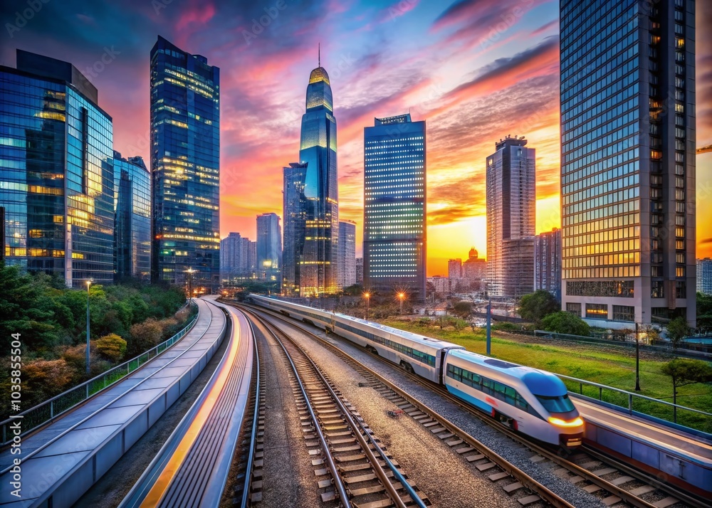 Fototapeta premium Urban Nightscape of a Passenger Train in South Korea's Cityscape