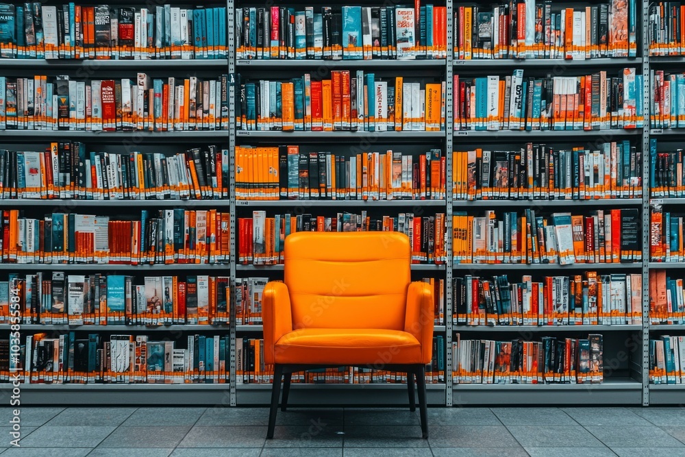 Orange Armchair in Front of Bookshelf Filled with Novels