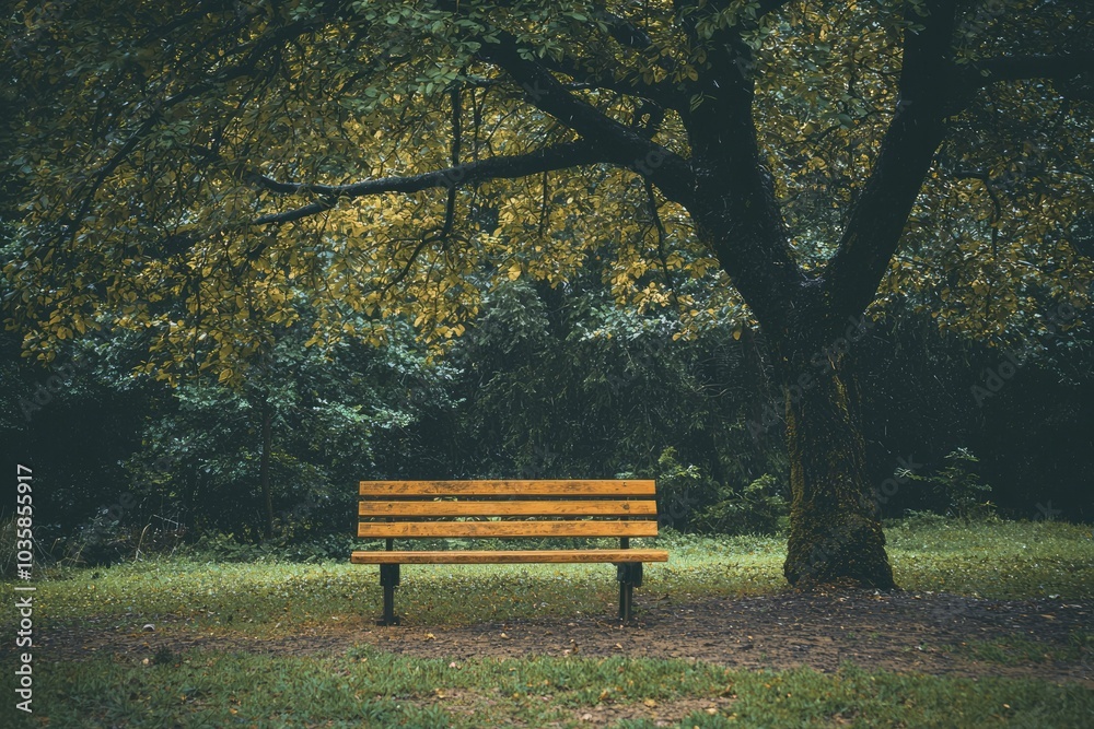 Wooden Park Bench Underneath a Large Tree in a Forest Wooden Park Bench Underneath a Large Tree in a Forest