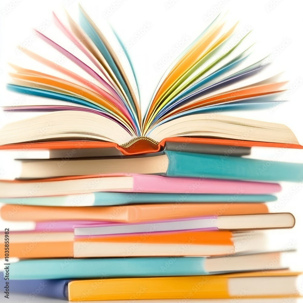 Naklejka premium A colorful stack of books with an open book displaying vibrant pages.