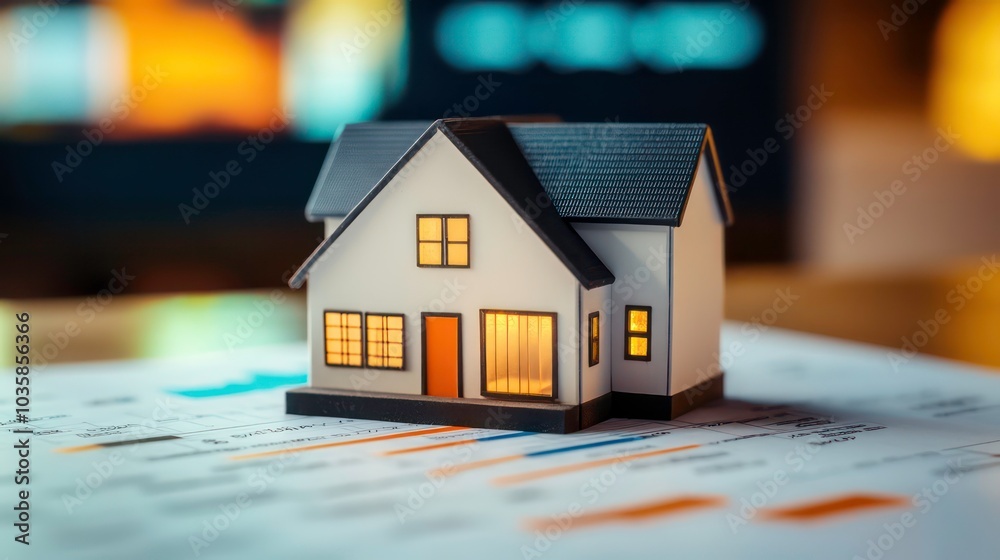 A small model house with glowing windows sits on top of a financial document. A small model house with glowing windows sits on top of a financial document.