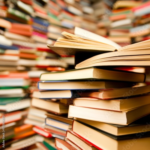 A stack of books surrounded by a wall of books in a cozy setting.