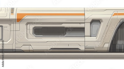 A close-up of a futuristic white and orange spaceship hull with a window and detailed paneling.
