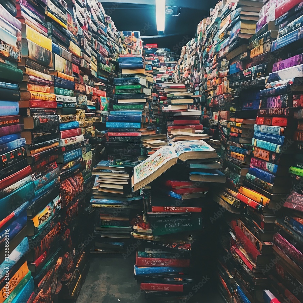 A narrow passage filled with stacks of colorful books, inviting exploration. A narrow passage filled with stacks of colorful books, inviting exploration.