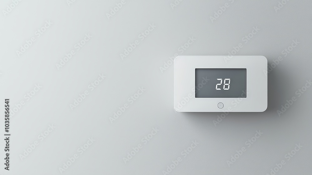 Digital thermostat display set to twenty-eight degrees on a minimalistic wall in a modern interior space Digital thermostat display set to twenty-eight degrees on a minimalistic wall in a modern interior space