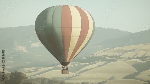 A colorful hot air balloon floats over rolling hills on a bright day. photo