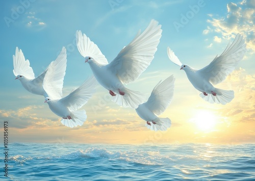 Group of white doves soaring over a serene ocean at sunrise, symbolizing peace and tranquility. photo