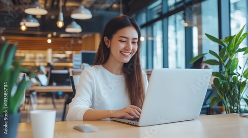 Businesswomen use laptop to meeting in video call and reading data while working in outside office. 