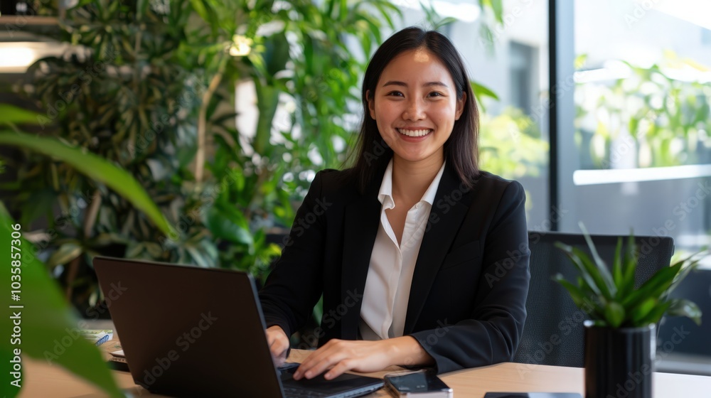 Asian business woman Working at the office, happy working day smile Asian business woman Working at the office, happy working day smile