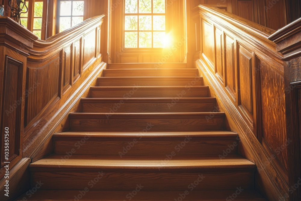Obraz premium Sunlit Wooden Staircase in a Historic Mansion
