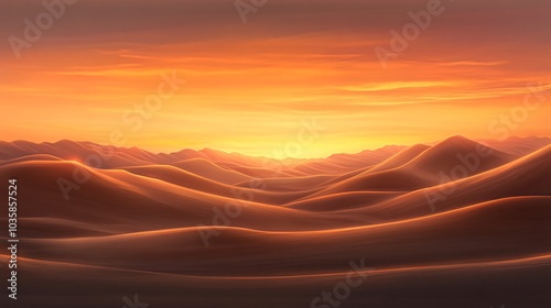 A desert landscape with rolling sand dunes under a fiery sunset.