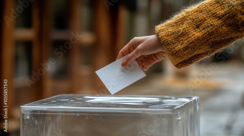 Hand casting a vote into a clear ballot box on a sunny day. photo