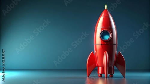 Red rocket is standing in an empty room with blue background photo