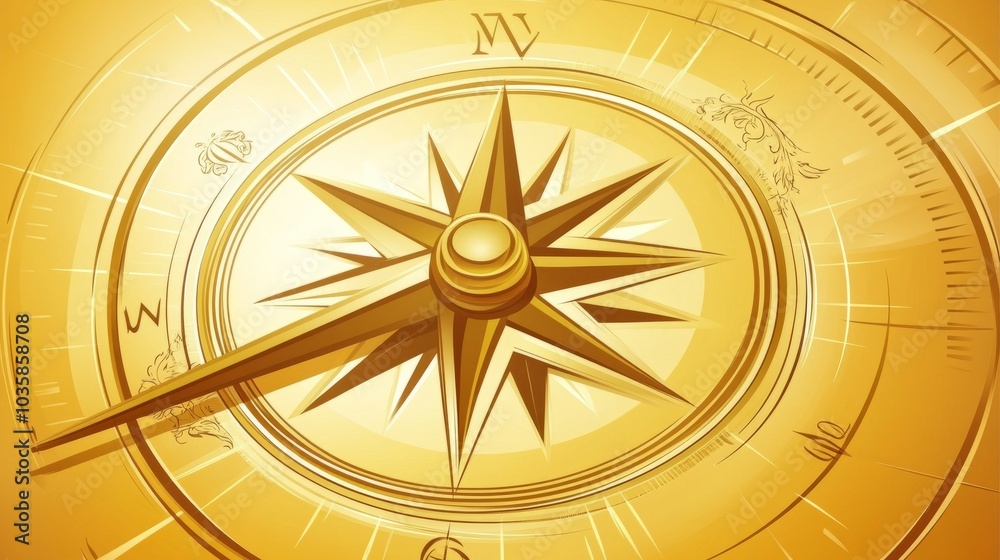 Fototapeta premium A golden compass with a compass needle pointing north.