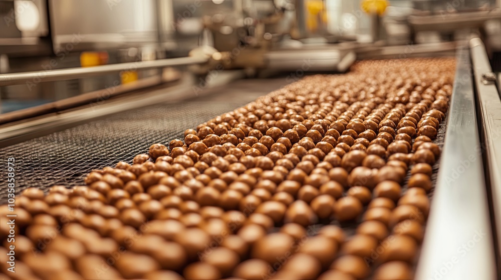 Chocolate Balls on Conveyor Belt in Factory Chocolate Balls on Conveyor Belt in Factory