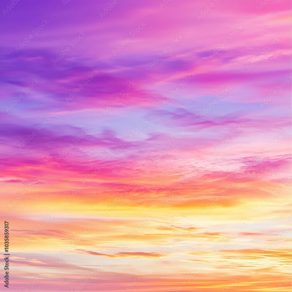 Obraz premium A vibrant sunset showcasing hues of purple, pink, and gold, blending beautifully in the sky, creating a serene and picturesque atmosphere.
