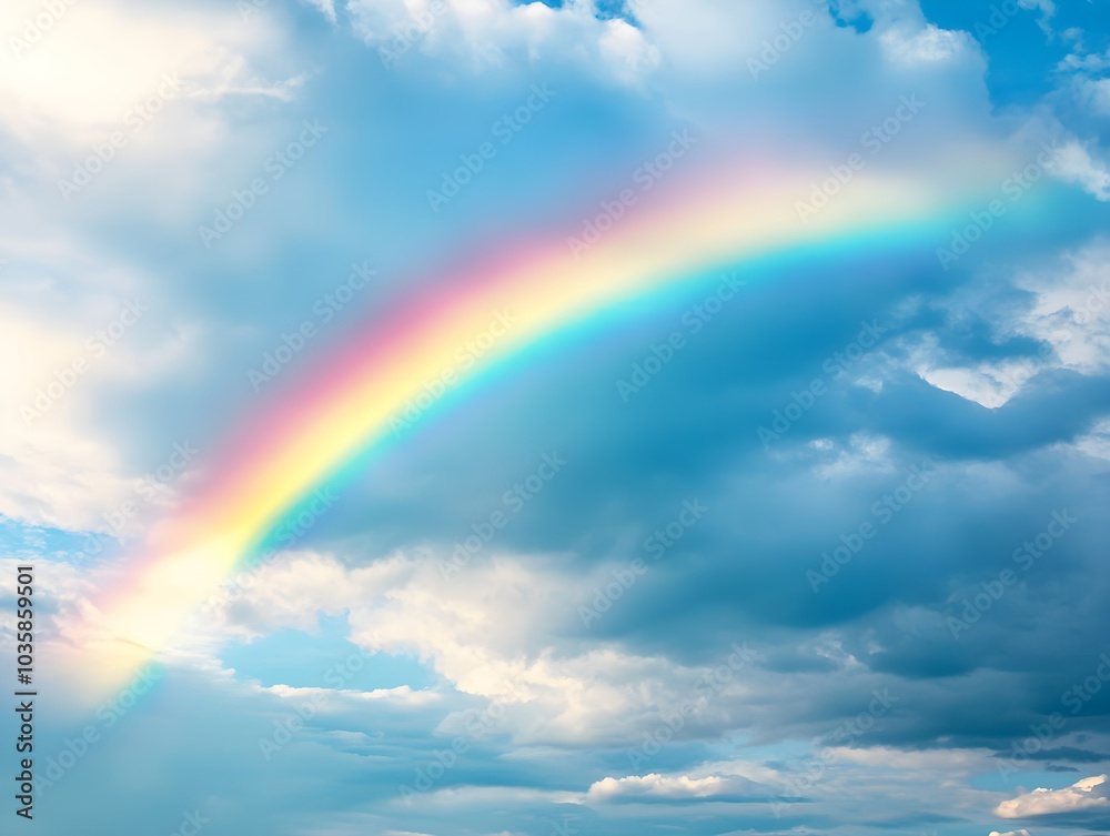 Colorful Rainbow Arching Over Cloudy Sky Colorful Rainbow Arching Over Cloudy Sky