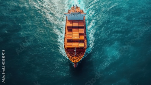 Aerial view of a large cargo ship navigating through deep blue ocean waters.