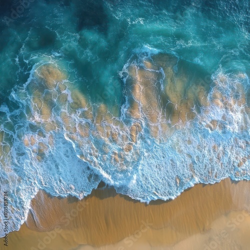 Aerial view of turquoise waves crashing on a pristine sandy beach, creating a serene and natural coastal scene.