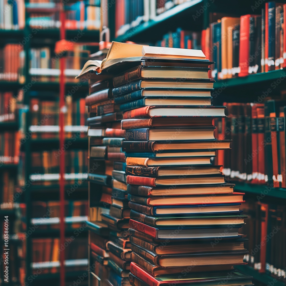 A stack of colorful books in a library setting, showcasing knowledge and learning. A stack of colorful books in a library setting, showcasing knowledge and learning.