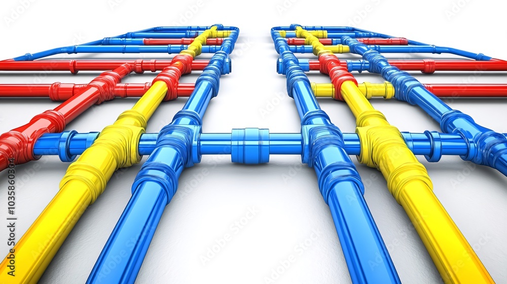 Colorful pipes intersect in a grid pattern on a white background. Colorful pipes intersect in a grid pattern on a white background.