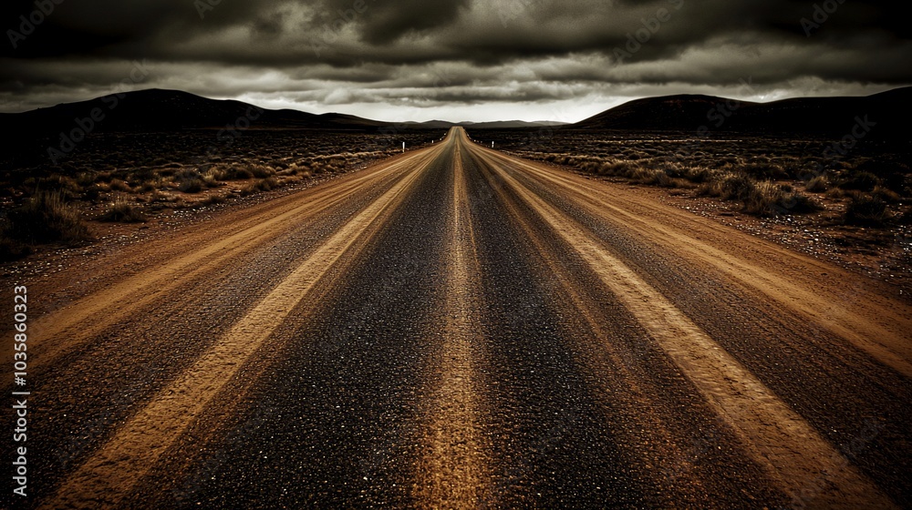 Naklejka premium A long, straight road disappearing into the horizon under a stormy sky.
