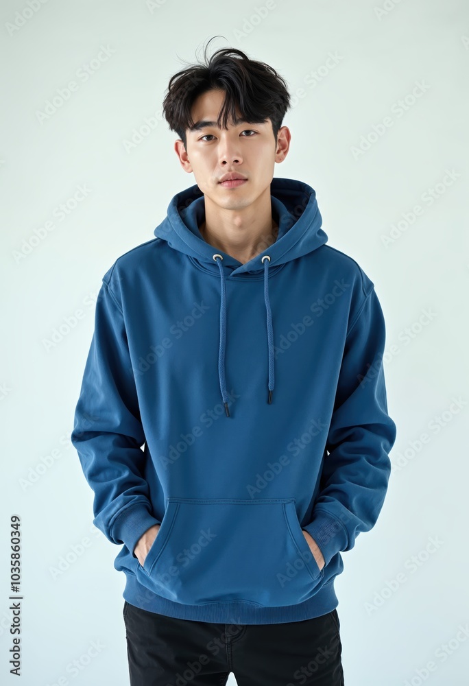 Casual Young Korean Man in Blue Hoodie Posing Indoors Casual Young Korean Man in Blue Hoodie Posing Indoors