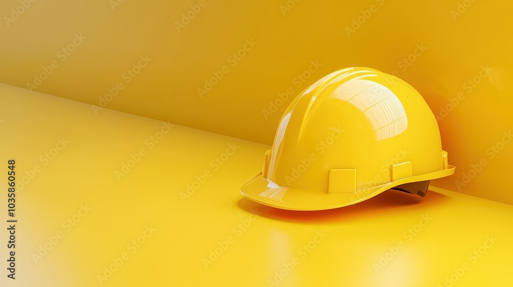 Bright yellow safety helmet resting on a clean, smooth yellow surface in a well-lit workspace designed for construction activities Bright yellow safety helmet resting on a clean, smooth yellow surface in a well-lit workspace designed for construction activities