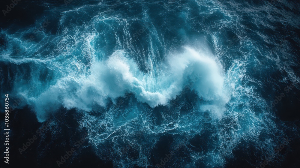 Aerial view of powerful ocean waves crashing, showcasing nature's dynamic energy. Aerial view of powerful ocean waves crashing, showcasing nature's dynamic energy.