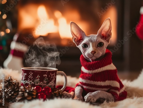 A Sphynx kitten snuggled in a cozy Christmas sweater next to a steaming mug of hot chocolate, while minimal Christmas socks hung from the fireplace photo