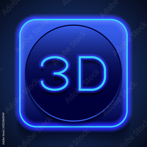 3D simple icon vector. Flat design. Blue neon style on button. With shadow