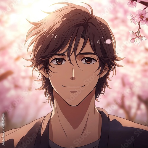 A serene anime character with a gentle smile, surrounded by a soft, dreamlike scene of blooming cherry blossoms, symbolizing peace and tranquility.