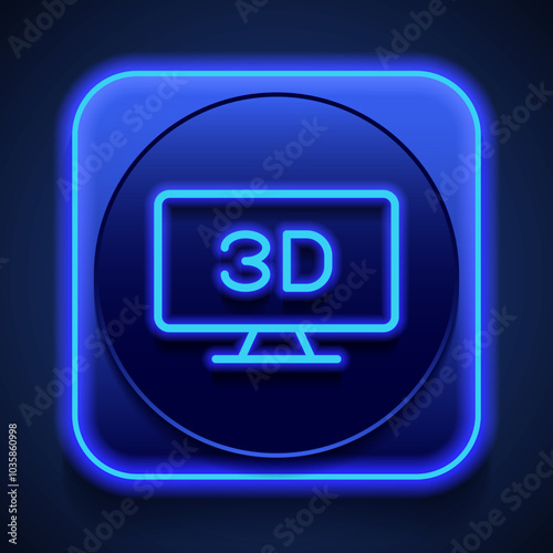 3D, TV simple icon vector. Flat design. Blue neon style on button. With shadow
