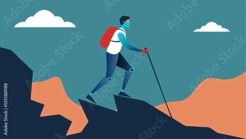 Walking on Uneven Terrain A person navigating a rocky path with the aid of a robust exoskeleton demonstrating stability and strength in challenging conditions.