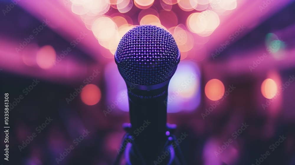 Close-up of microphone on stand in soundproof recording studio, positioned in front of script stand, symbolizing voice acting and audio production. Close-up of microphone on stand in soundproof recording studio, positioned in front of script stand, symbolizing voice acting and audio production.