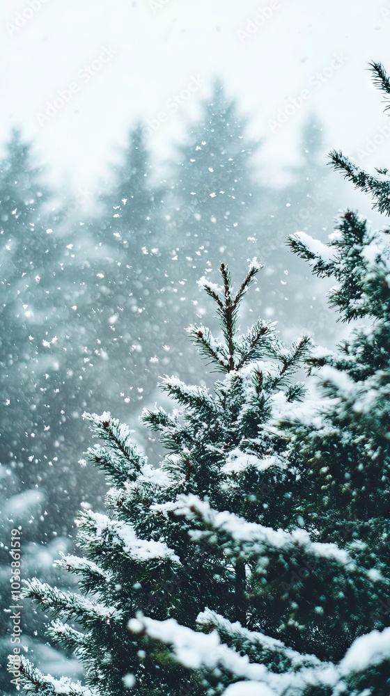 Fototapeta premium Snow Covered Pine Trees in a Winter Forest