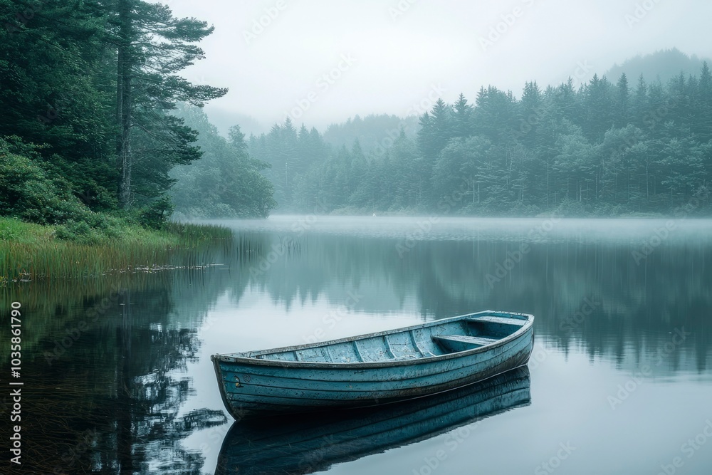 A Single Rowboat Resting on a Foggy Lake Surrounded by Trees