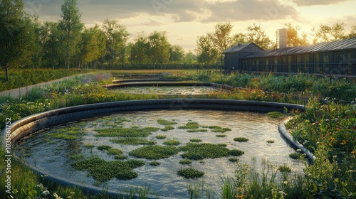 Two circular ponds with green water plants, surrounded by lush greenery and wildflowers, with a farm building in the background under a cloudy sky.