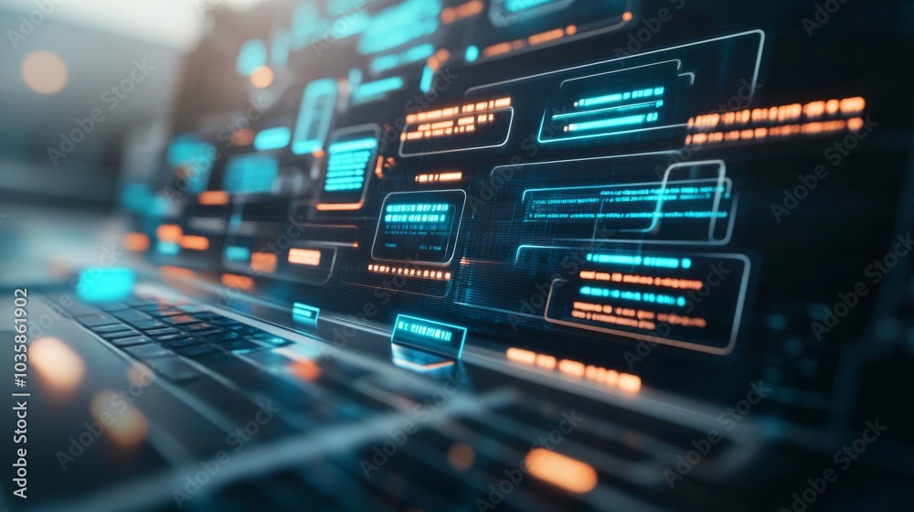 Obraz premium A cutting-edge AI-powered customer service chatbot interface, sleek digital workspace with interactive chatbot software and data analytics, Customer service style