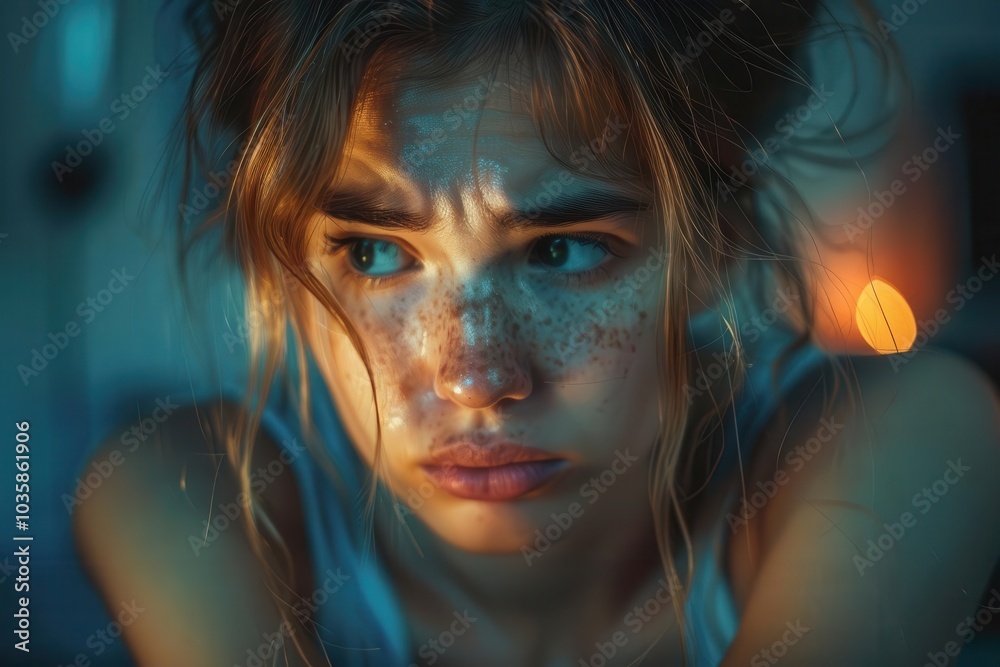 Thoughtful young woman with freckles in low light, conveying deep emotions. Thoughtful young woman with freckles in low light, conveying deep emotions.