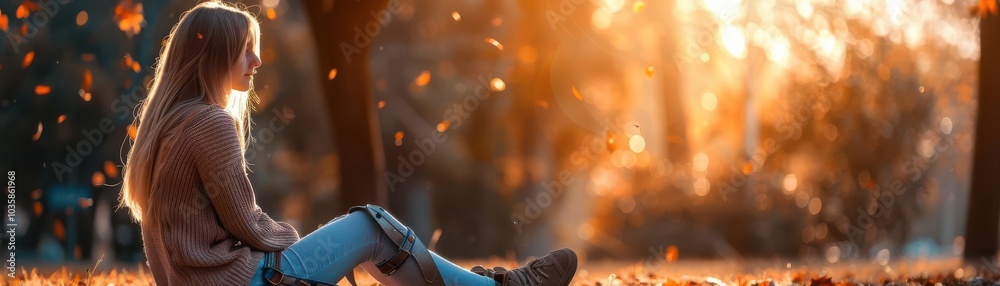 Fototapeta premium Woman enjoying a peaceful moment in the autumn forest, surrounded by warm light.
