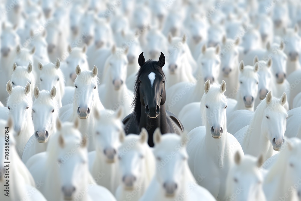 Obraz premium A black horse stands among white horses, all dressed in white, all standing together and forming an endless sea of horses