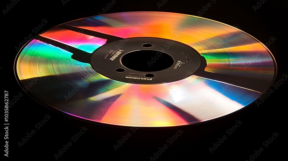A single, silver, audio reel with rainbow colored reflections on a black background. A single, silver, audio reel with rainbow colored reflections on a black background.