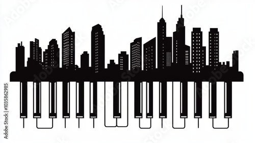 Silhouette of a cityscape with piano keys as the base. photo