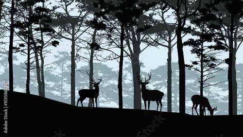 Tropical Forest View with wild deer and trees, Nature Concept