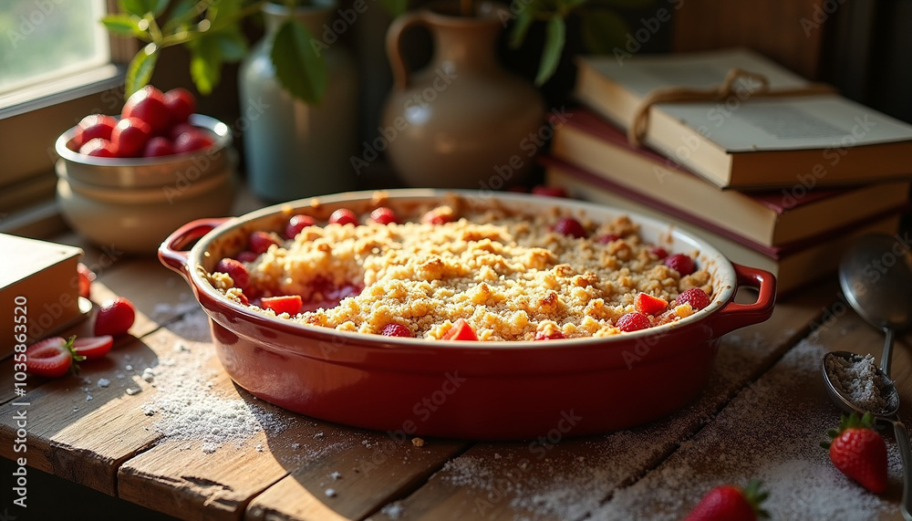 Strawberry crumble with fresh strawberries on a table Strawberry crumble with fresh strawberries on a table